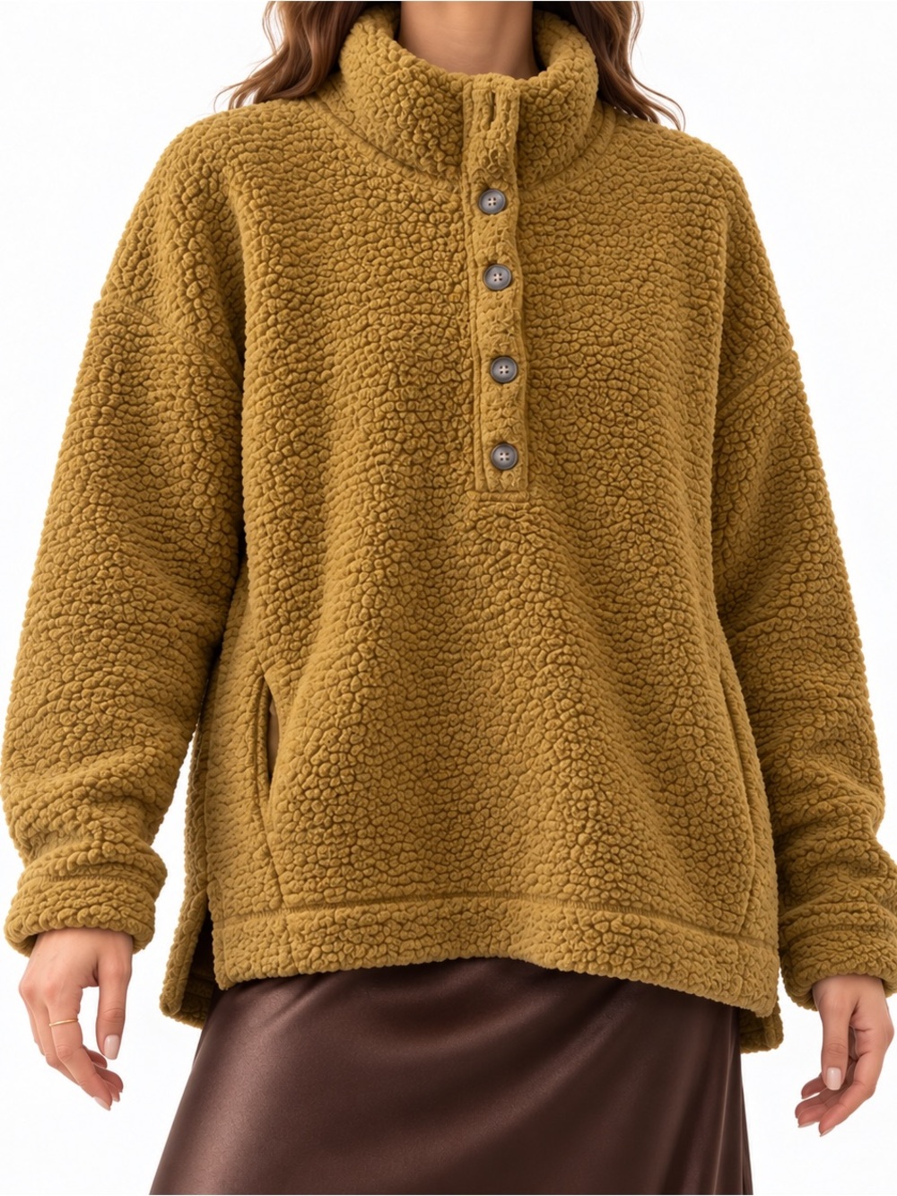 Aerie Ochre Teddy Sherpa Oversized Button Neck Pullover Grandpa Style XXS-S